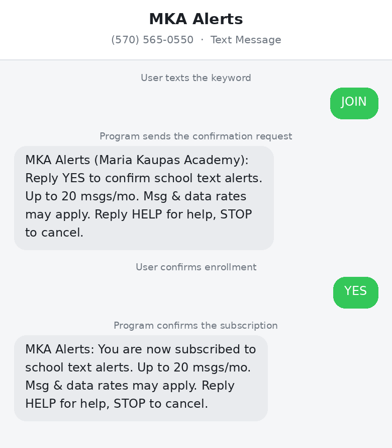 Double opt-in text message flow: user texts JOIN to (570) 565-0550, receives confirmation request, replies YES, then receives subscription confirmation